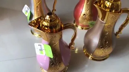 Frasco de vacío aislado chapado en oro de lujo de Dubai, termo con revestimiento de vidrio en el interior, ollas de agua para bebidas duraderas, taza, platillo, juegos de té, juego de regalo árabe Dallah, cafetera árabe