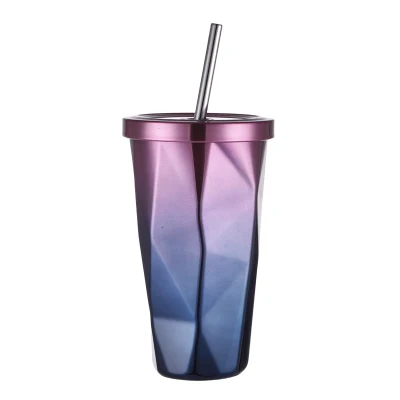 Vaso de viaje con taza de jugo de acero inoxidable de doble pared de 500 ml con tubo de paja